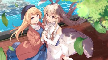 2girls absurdres blonde_hair blue_dress blue_eyes blue_hat commentary_request dress elbow_gloves gloves grey_eyes hair_ornament hat highres holding_hands jervis_(kancolle) kantai_collection long_hair multiple_girls ocean rabbit_hair_ornament shimakaze_(anniversary)_(kancolle) shimakaze_(kancolle) sleeveless sleeveless_dress standing thighhighs white_dress white_gloves white_thighhighs yukichi_(eikichi)