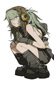 1girl absurdres aqua_eyes aqua_hair black_gloves black_skirt black_vest chinese_commentary commentary_request costume_request fingerless_gloves full_body gloves hair_between_eyes hands_on_own_knees hatsune_miku headphones highres long_hair mouth_hold simple_background skirt solo squatting twintails vest vocaloid watermark weibo_username weibo_watermark white_background zhibuji_loom