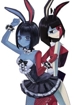 alternate_costume black_hair blue_skin blunt_bangs blunt_ends bob_cut colored_skin dress ena:_dream_bbq ena_(dream_bbq) ena_(series) ena_(species) floating_head hangover_ena highres low_poly multicolored_skin multiple_girls red_skin simple_background split-color_skin two-tone_skin usagimarumei