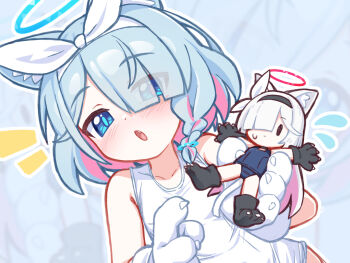 Rule 34 | 1girl, animal hands, arona (blue archive), blue archive, blue eyes, blue hair, blue halo, character doll, chinese commentary, colored inner hair, commentary, doll, fang, gloves, halo, highres, multicolored hair, needle (574187457), one-piece swimsuit, open mouth, paw gloves, pink hair, plana (blue archive), red halo, school swimsuit, solo, swimsuit, two-tone hair