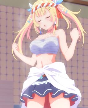 1girl absurdres bandages blonde_hair breasts close closed_eyes hair_between_eyes highres japanese_clothes kimono medium_breasts open_clothes sarashi screencap standing twintails vtuber_nandaga_haishin_kiriwasuretara_densetsu_ni_natteta