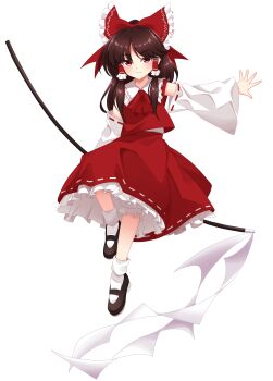 1girl absurdres arm_up arms_at_sides ascot black_shoes bloomers bow brown_hair cipher_(user_watm8555) closed_mouth commentary_request detached_sleeves floating frilled_bow frilled_hair_tubes frilled_shirt_collar frilled_skirt frills full_body gohei hair_bow hair_tubes hakurei_reimu highres holding holding_gohei leg_up legs_apart long_skirt long_sleeves looking_at_viewer mary_janes medium_hair nontraditional_miko open_hand outstretched_arm red_ascot red_bow red_eyes red_shirt red_skirt ribbon-trimmed_sleeves ribbon_trim shirt shoes skirt skirt_set sleeveless sleeveless_shirt smirk socks solo touhou transparent_background underwear white_bloomers white_socks wide_sleeves