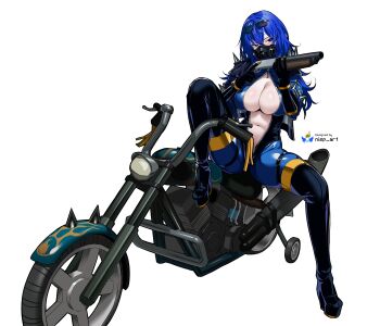 Rule 34 | 1girl, absurdres, armor, artist name, black boots, black gloves, blu pyro (tf2), blue bodysuit, blue eyes, blue hair, bodysuit, boots, breasts, cleavage, commentary, commission, english commentary, eyewear on head, full body, genderswap, genderswap (otf), gloves, gun, highres, holding, holding gun, holding weapon, large breasts, latex, latex bodysuit, long hair, looking at viewer, mask, motor vehicle, motorcycle, navel, nisp art, open clothes, pauldrons, pyro (tf2), respirator, shotgun, shoulder armor, simple background, solo, spiked pauldrons, spikes, team fortress 2, thigh boots, trigger discipline, weapon, white background