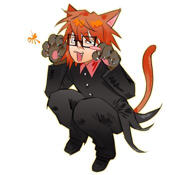 1boy :3 animal_ears animal_hands black_coat black_eyes cat_boy cat_ears cat_tail claw_pose claws coat coattails commentary fang full_body glasses gloves hands_up highres looking_at_viewer male_focus orange_hair paw_gloves randal&#039;s_friends randal_ivory short_hair simple_background soulsk squatting tail white_background