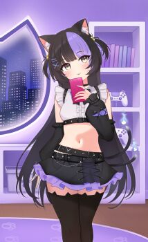 Rule 34 | 1girl, animal ear fluff, animal ears, anya nyabyss, bell, belly, belt, black hair, blush, blush stickers, book, bow, building, carpet, cat ears, cat tail, city, cityscape, commission, controller, dzulfiqar023, eyelashes, fire, flame-tipped tail, floor, game controller, hair bell, hair bow, hair ornament, hair ribbon, hairclip, highres, knee up, knees up, looking at viewer, medium hair, multicolored hair, navel, nose, phase connect, phone, purple hair, ribbon, shelf, skirt, solo, tail, thighhighs, thighs, twintails, virtual youtuber, window, yellow eyes