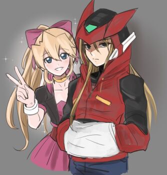 1boy 1girl alternate_costume black_eyes black_jacket blonde_hair blue_eyes blue_pants ciel_(mega_man) collarbone cowboy_shot cropped_jacket dress grey_background highres hood hood_up hoodie jacket long_hair mega_man_(series) mega_man_zero_(series) pants parted_lips pink_dress raica_(khongbautroi) red_hoodie simple_background smile v zero(z)_(mega_man) zero_(mega_man)