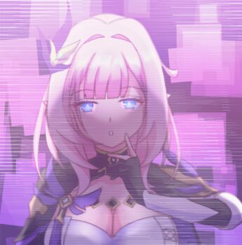 1girl black_gloves blue_eyes breasts cleavage commentary corset elf elysia_(honkai_impact) elysia_(miss_pink_elf)_(honkai_impact) gloves hair_ornament honkai_(series) honkai_impact_3rd large_breasts long_hair pink_hair pointy_ears risdiya solo upper_body white_corset