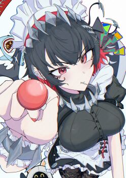 >_o 1girl absurdres bangboo_(zenless_zone_zero) black_dress black_hair black_pantyhose blush breasts candy colored_inner_hair commentary_request cowboy_shot dress earclip ellen_joe fins fish_tail food frilled_wristband hairband highres holding holding_candy holding_food holding_lollipop incoming_gift large_breasts lollipop looking_at_viewer maid maid_headdress metal_hairband mole mole_under_eye multicolored_hair one_eye_closed pantyhose razor_blade_hair_ornament red_eyes red_nails scar scar_on_tail shark_girl shark_tail sharkboo_(zenless_zone_zero) short_hair simple_background spiked_headband tail v-shaped_eyebrows white_background yama_kabosu zenless_zone_zero