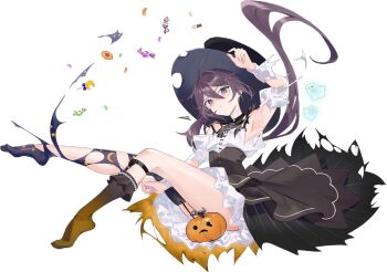 1girl akebono_(halloween)_(kancolle) akebono_(kancolle) black_hat candy chain convenient_censoring cookie corset crescent_print cup dress drew_(drew213g) food full_body grey_shoes halloween_costume hat jack-o&#039;-lantern_ornament kantai_collection long_hair mismatched_shoes official_art orange_shoes purple_eyes purple_hair shoes side_ponytail striped_hat teacup third-party_source top_hat torn_clothes transparent_background white_dress