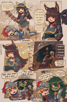 3girls absurdres armor basedbinkie black_hair blonde_hair blue_eyes blush brown_eyes club club_(weapon) colored_skin comic cuirass embarrassed english_text eye_trail eyeshadow female_goblin flayne_(basedbinkie) fox_girl full_armor gauntlets goblin green_hair green_skin gun_sling hair_between_eyes hat helmet highres holding holding_club holding_sword holding_weapon japanese_armor kabuto_(helmet) kanabou katana keiko_matsumori_(basedbinkie) knight light_trail long_hair looking_up makeup multiple_girls original pauldrons petals red_eyes red_eyeshadow samurai sancha_gobzales_(basedbinkie) sheath sheathing shoulder_armor smile sode speech_bubble surprised sword visor_(armor) weapon