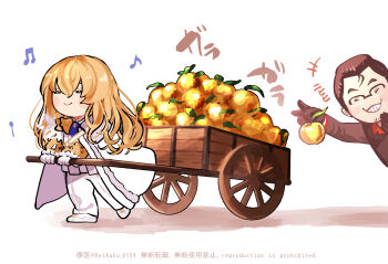 Rule 34 | +++, 2boys, apple, ascot, beryl gut, black-framed eyewear, black gloves, black hair, black shirt, blonde hair, blue ascot, blush stickers, cape, cart, chibi, closed eyes, closed mouth, collared cape, commentary request, facial hair, fate/grand order, fate (series), feathers, food, formal clothes, frilled sleeves, frills, fruit, full body, glasses, gloves, goatee stubble, gold trim, golden apple, grin, hair between eyes, hair slicked back, hand up, highres, holding, holding food, holding fruit, jacket, kirschtaria wodime, laughing, long hair, male focus, multiple boys, musical note, pants, pullcart, shirt, shoes, short hair, side cape, simple background, smile, stubble, sugomori tsuru (hana tsuru wo), suit, theft, walking, white background, white cape, white feathers, white gloves, white jacket, white pants, white shoes, white suit