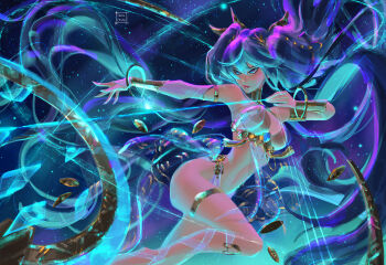 1girl artist_name barefoot blue_eyes blue_hair breasts closed_mouth commentary english_commentary highres iuno_(wuthering_waves) looking_back magic medium_breasts paid_reward_available solo tatti_art twintails variant_set wuthering_waves