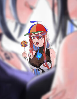 3girls absurdres blue_fire blue_hair blurry blurry_foreground breasts candy commentary elizabeth_rose_bloodflame elizabeth_rose_bloodflame_(1st_costume) english_commentary fire fire_on_chest food hair_between_eyes highres holding holding_candy holding_food holding_lollipop hololive hololive_english large_breasts lollipop long_hair massiveyog multiple_girls nerissa_ravencroft open_mouth propeller propeller_hat red_eyes red_hair shiori_novella swirl_lollipop teeth virtual_youtuber white_background yuri