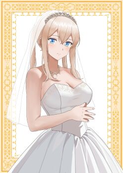 1girl alternate_costume blonde_hair blue_eyes bonta_(0607) breasts bridal_veil bride cleavage commentary_request dress graf_zeppelin_(kancolle) hair_between_eyes highres jewelry kantai_collection large_breasts long_hair necklace sidelocks solo strapless strapless_dress twintails veil white_dress