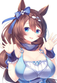 1girl absurdres animal_ears bare_shoulders blue_bag blue_bow blue_dress blue_eyes blue_wrist_cuffs blush bow braid breasts brown_hair commentary_request dress ear_bow hair_between_eyes highres horse_ears horse_girl kanzakietc large_breasts long_hair looking_at_viewer multicolored_hair open_mouth simple_background smile solo streaked_hair super_creek_(murmuring_stream)_(umamusume) super_creek_(umamusume) umamusume upper_body very_long_hair white_background white_hair wrist_cuffs