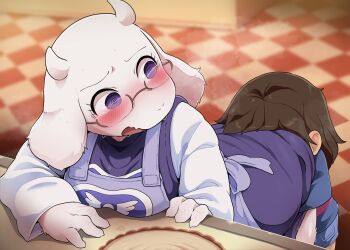 1boy 1girl age_difference blush breasts commentary dagasi frisk_(undertale) furry furry_with_non-furry glasses goat_girl hetero highres interspecies large_breasts onee-shota open_mouth purple_eyes shota toriel undertale utdr_(toby_fox)