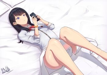 10s 1boy 1girl band-width between_thighs black_hair blue_eyes blush cellphone dutch_angle expressionless faceless faceless_male feet_out_of_frame gridman_universe grin head_between_legs highres ignoring leg_lock legs_up long_hair looking_at_phone lying no_pants on_back phone scrunchie smartphone smile solo_focus ssss.gridman tagme takarada_rikka thighs wide_hips wrist_scrunchie