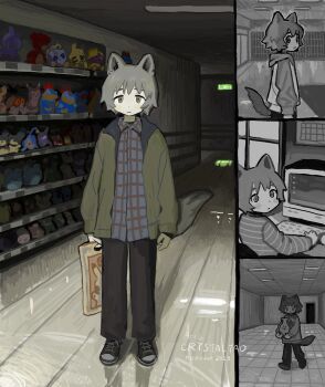 1boy animal_ears bag blue_shirt character_print commentary computer coyotetaodog crt dog_boy dog_ears dog_tail english_commentary gen_1_pokemon green_eyes green_jacket grey_hair highres holding holding_bag indoors jacket looking_at_viewer male_focus multiple_views nintendo pikachu pokemon shirt shop short_hair standing stuffed_toy tail