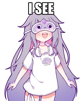 Rule 34 | 1girl, chest jewel, commentary, english commentary, gem, grey hair, headphones, highres, hololive, hololive english, koseki bijou, koseki bijou (pebble pajamas), long hair, multicolored hair, pebble (koseki bijou), pink hair, purple hair, shirt, shutowl, t-shirt, virtual youtuber