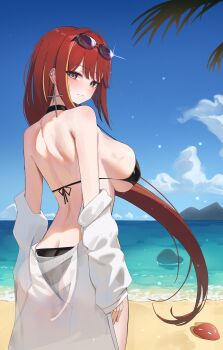 1girl absurdres akane_lize arms_at_sides ass beach bikini black_bikini black_choker blue_sky blush breasts butt_crack choker closed_mouth cloud cowboy_shot creature cross cross_earrings dated_commentary day earrings eyewear_on_head floating_hair glint highres horizon jewelry large_breasts long_hair looking_at_viewer looking_back mole mole_under_eye multicolored_hair ocean outdoors parted_bangs pienna_(akane_lize) red_hair red_pupils sand see-through_clothes see-through_shirt shirt shirt_partially_removed skindentation sky slit_pupils solo split_mouth standing stellive streaked_hair sunglasses swimsuit turning_head very_long_hair white_shirt yeomhwauranyum