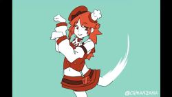 2girls animated annoyed aqua_background artist_name audible_music audible_speech beret breasts chef_hat crmanzana detached_sleeves earrings feather_earrings feathers get_down_(meme) hands_in_pockets hat hololive hololive_english jewelry looking_at_viewer looking_to_the_side looping_animation medium_breasts meme mori_calliope multiple_girls navel open_mouth orange_hair red_eyes red_headwear smile sound spinning takanashi_kiara video virtual_youtuber