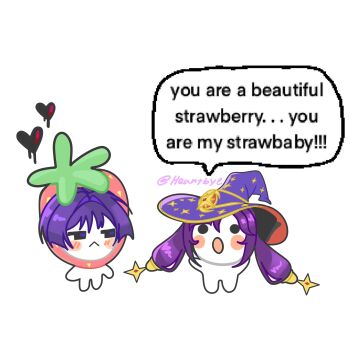 1boy 1girl :&lt; absurdres arms_up black_bow black_eyes blush bow chibi choppy_bangs closed_mouth crescent crescent_hat_ornament english_text genshin_impact gold_trim hair_bow hair_intakes hat hat_ornament heart heartbye_(lollybomb12) highres long_hair looking_at_another looking_back mona_(genshin_impact) o_o open_mouth ponytail_holder purple_hair purple_hat purple_pupils red_hat scaramouche_(genshin_impact) speech_bubble standing star_(symbol) star_hat_ornament strawberry_costume twintails twitter_username two-sided_fabric two-sided_headwear white_background witch_hat