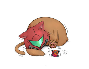 Rule 34 | 1girl, animal ears, animalization, assault visor, brown fur, cat, cat ears, cat tail, commentary request, green visor, metroid, nintendo, samus aran, simple background, tail, two-tone fur, wakaba (wata ridley), white background