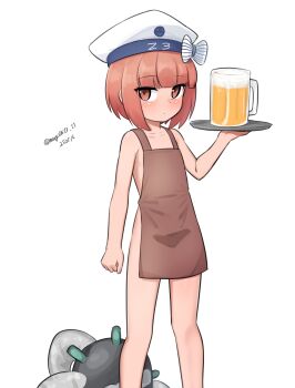 1girl absurdres abyssal_ship alcohol apron beer beer_mug blunt_bangs brown_apron brown_eyes brown_hair cup enemy_naval_mine_(kancolle) feet_out_of_frame flat_chest hat highres holding kantai_collection maru_(marg0613) mug naked_apron one-hour_drawing_challenge sailor_hat short_hair simple_background solo teeth tentacles white_background white_hat z3_max_schultz_(kancolle)