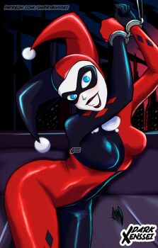 absurdres blonde_hair blue_eyes breasts clown clown_(ragnarok_online) cuffs darkxenssei dc_comics domino_mask eye_mask harley_quinn highres mask medium_breasts multicolored_bodysuit original smile two-tone_bodysuit wide_hips wrist_cuffs