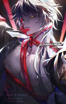 1boy abs bare_pectorals bdsm black_shirt blue_hair bondage bound collarbone collared_shirt commentary dutch_angle english_commentary flins_(genshin_impact) genshin_impact long_hair male_focus nipples parted_lips pectorals raineemeow shirt solo teeth toned toned_male twitter_username upper_body watermark wing_collar yellow_eyes