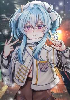 1girl absurdres black_pantyhose blanc_(fortune_express)_(nikke) blanc_(nikke) blanc_(nikke)_(cosplay) blue_hair blue_pupils blurry blurry_background blush breasts closed_mouth colored_eyelashes commentary cosplay covered_navel double_w english_commentary flareza goddess_of_victory:_nikke hair_between_eyes hair_ornament hands_up hat high-waist_pants highres jacket long_hair looking_at_viewer medium_breasts no_bra pants pantyhose purple_eyes shorekeeper_(wuthering_waves) smile snowflakes solo w white_hat white_jacket wuthering_waves