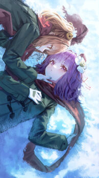 Rule 34 | 2girls, absurdres, alternate costume, bell, closed mouth, commentary, eye contact, flower, gloves, green jacket, hair bell, hair flower, hair ornament, hand on another's face, hieda no akyuu, highres, jacket, jingle bell, looking at another, lying, medium hair, motoori kosuzu, multiple girls, nepperoni, on back, on side, orange eyes, orange hair, purple eyes, purple hair, red scarf, scarf, snow, touhou, white flower, white gloves, winter, winter clothes, yuri