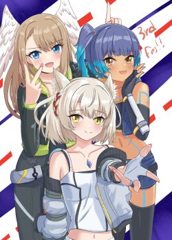 3girls :d absurdres animal_ear_fluff animal_ears anniversary black_bodysuit black_thighhighs blue_eyes blue_hair blue_shorts blush body_markings bodysuit brown_eyes brown_hair cat_ears cat_girl closed_mouth collarbone commentary english_commentary eunie_(xenoblade) fingerless_gloves gloves glowing_lines glowing_markings grey_hair head_wings highres jacket long_hair looking_at_viewer medium_hair mio_(xenoblade) multiple_girls navel open_clothes open_jacket open_mouth reaching reaching_towards_viewer sena_(xenoblade) shorts side_ponytail smile standing thighhighs tokuh_(toku_h_) white_gloves white_jacket wings xenoblade_chronicles_(series) xenoblade_chronicles_3 yellow_eyes