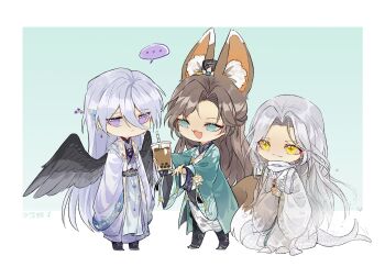 Rule 34 | + +, ..., 3boys, :3, :d, :|, animal ears, aqua coat, aqua eyes, aqua hanfu, black boots, black sash, black shirt, black wings, boots, border, brown hair, bubble tea, butterfly brooch, cael anselm, cael anselm (long night together), chibi, chibi only, chinese clothes, chinese commentary, closed mouth, coat, commentary request, crossover, cup, curtained hair, daxiushan, disposable cup, drink, drinking straw, ear covers, feathered wings, fox boy, fox ears, fox tail, full body, giving food, green background, hair between eyes, hair ornament, hair stick, hanfu, highres, holding, holding cup, holding drink, hua yi shanxin zhiyue, kemonomimi mode, lamia boy, long hair, long hair between eyes, long sleeves, lovebrush chronicles, male focus, mole, mole under eye, monster boy, multiple boys, open clothes, open coat, open mouth, outside border, parted bangs, purple eyes, purple hanfu, purple robe, robe, sash, scarf, see-through body, shirt, sideways glance, simple background, sleeves past fingers, sleeves past wrists, smile, snake boy, spoken ellipsis, standing, tail, tail wagging, tears of themis, unamused, very long hair, vyn richter (tears of themis), waist sash, white border, white hair, white hanfu, white robe, white scarf, wide sleeves, wings, xiao guan (headdress), xue ezi, yellow eyes, yu ze