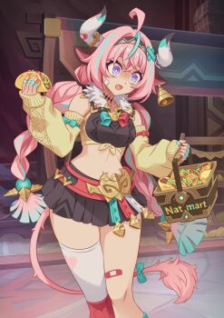 1girl 440_(straight440) absurdres ahoge animal_ears asymmetrical_legwear bags_under_eyes bandaid bandaid_on_cheek bandaid_on_face bandaid_on_horn bandaid_on_leg bell bell_earrings bow braid bright_pupils cow_ears cow_girl cow_horns cow_tail cowbell crop_top crossed_bangs detached_sleeves dokagui_daisuki!_mochizuki-san ear_bell earrings empty_eyes feet_out_of_frame fingernails food fur_collar genshin_impact green_hair hair_ornament hairband hand_up highres holding holding_food horns jewelry long_hair low_twin_braids midriff miniskirt multicolored_hair multicolored_hairband navel parody partially_shaded_face pink_hair pink_nails pink_tail pleated_skirt purple_eyes shopping_basket single_thighhigh skirt sleeves_past_wrists solo standing stomach streaked_hair taco tail tail_bow tail_ornament textless_version thighhighs twin_braids two-tone_hair varesa_(genshin_impact) very_long_hair wide-eyed yellow_sleeves