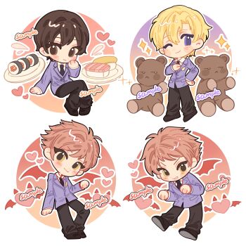 1girl 3boys absurdres androgynous bingjilingpaopao bishounen black_necktie blazer blonde_hair brothers brown_eyes brown_hair chibi chibi_only chinese_commentary commentary_request commission crossdressing crossdressing_(ftm) demon_wings food fujioka_haruhi heart highres hitachiin_hikaru hitachiin_kaoru jacket multiple_boys necktie one_eye_closed ouran_high_school_host_club ouran_high_school_uniform procreate_(medium) purple_eyes purple_jacket red_hair reverse_trap sample_watermark school_uniform siblings stuffed_animal stuffed_toy suou_tamaki sushi teddy_bear twins watermark wings yellow_eyes