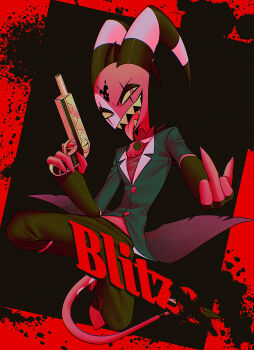 1boy absurdres black_background black_boots black_coat black_eyeshadow black_horns black_pants blitzo_(helluva_boss) boots border brooch buttons character_name chromatic_aberration coat colored_sclera colored_skin colored_teeth commentary_request demon_boy demon_horns demon_tail eyeshadow fewer_digits film_grain full_body gun half-closed_eyes hellaverse helluva_boss highres holding holding_gun holding_weapon horns jewelry knee_boots lapels long_sleeves looking_at_viewer makeup male_focus menma_(enaic31) middle_finger multicolored_horns notched_lapels outside_border pants red_border red_eyes red_shirt red_skin red_tail sharp_teeth shirt simple_background skull_brooch solo striped_horns tail teeth tongue tongue_out two-tone_horns v-shaped_eyebrows weapon white_horns yellow_sclera yellow_teeth