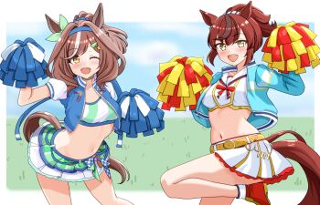 2girls absurdres animal_ears arm_up belt belt_buckle black_hair black_streaks blue_jacket blue_sky blush border brown_eyes brown_hair brown_tail buckle cheerleader commentary_request confetti cropped_shirt day hair_ornament highres horse_ears horse_girl horse_tail jacket long_sleeves looking_at_viewer matikanetannhauser_(blue_turbulence)_(umamusume) matikanetannhauser_(umamusume) medium_hair miniskirt multicolored_hair multiple_girls nice_nature_(run&amp;win)_(umamusume) nice_nature_(umamusume) official_alternate_costume official_alternate_hairstyle open_clothes open_jacket open_mouth outside_border pom_pom_(clothes) pom_pom_hair_ornament ponytail red_shoes renny_(seraphyfether) shirt shoes simple_background skirt sky smile streaked_hair tail thighs umamusume white_border white_hair white_shirt white_skirt white_streaks yellow_belt