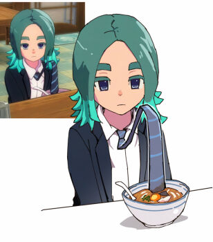 1boy aqua_hair bad_tag black_jacket blue_eyes collared_shirt food game_screenshot_inset inazuma_eleven_(series) inazuma_eleven_victory_road jacket looking_at_viewer male_focus medium_hair multicolored_hair necktie noodles open_clothes open_jacket ozi8pm reference_inset sasanami_unmei shirt striped_necktie two-tone_hair white_shirt