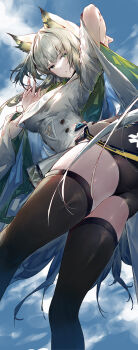 Rule 34 | 1girl, absurdres, animal ears, arknights, ass, black shorts, black thighhighs, blue sky, cat ears, cat girl, commentary request, dress, erdongjinming, from below, green eyes, highres, kal'tsit (arknights), kal'tsit esperanta (arknights), looking at viewer, official alternate costume, short hair, shorts, shorts under dress, sky, solo, thighhighs, thighs, white dress