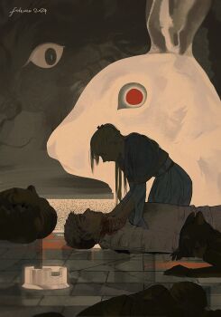 2girls 3boys absurdres animal_ears beard blonde_hair blood blood_on_clothes blood_on_hands blue_capelet blue_robe braid capelet cat_ears cat_girl chilchuck_tims closed_eyes corpse crack cracked_floor dungeon_meshi dwarf elf facial_hair feleven hair_around_ear hands_on_another's_neck helmet highres hood hooded_capelet horns izutsumi laios_touden long_hair long_sleeves lying marcille_donato multiple_boys multiple_girls neon_genesis_evangelion on_back pointy_ears rabbit red_eyes robe scene_reference senshi_(dungeon_meshi) short_hair signature spoilers stone_floor winged_lion_(dungeon_meshi)