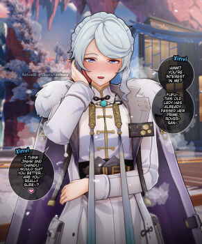 1girl actualekusu blush chinese_clothes chinese_hairpin coat fur-trimmed_coat fur_trim hair_extensions hair_ornament hairpin hand_on_own_chin highres mature_eyes white_coat white_eyes white_hair wuthering_waves xinyi_(wuthering_waves)