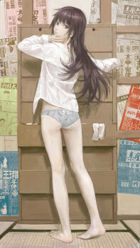 1girl absurdres bakemonogatari barefoot blue_eyes chinese_commentary collared_shirt commentary drawer full_body grey_panties highres indoors kneepits lace lace_panties long_hair looking_at_viewer looking_back monogatari_(series) newspaper no_pants open_clothes open_shirt panties print_panties purple_hair scissor_print senjougahara_hitagi shadow shirt solipsist solo standing stapler_print underwear white_shirt