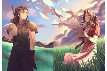 1boy 1girl aerith_gainsborough armor belt_buckle black_gloves black_hair blue_eyes blue_sky bracelet braid braided_ponytail brown_hair buckle buster_sword cloud cloudy_sky crisis_core_final_fantasy_vii dress feet_out_of_frame final_fantasy final_fantasy_vii final_fantasy_vii_remake gloves grass green_eyes hair_ribbon highres holding holding_letter jacket jewelry k_n0pee letter long_hair looking_up mountainous_horizon open_clothes open_jacket outdoors parted_lips pink_dress pink_ribbon red_jacket ribbon short_hair short_sleeves shoulder_armor sky sleeveless sleeveless_turtleneck spiked_hair sweater sword sword_on_back turtleneck turtleneck_sweater weapon weapon_on_back wind zack_fair