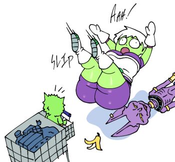 ! 1girl 2boys :o aged_up armband armor ass baby beerus blush breastplate breasts broly_(dragon_ball_super) cheelai colored_skin dragon_ball dragon_ball_super english_text falling green_skin hetero huge_ass large_breasts multiple_boys no_humans pants pervert purple_eyes short_hair smib_art smile sweat tail thick_thighs thighs white_background white_hair wide_hips wristband