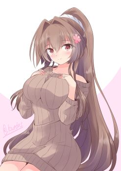 Rule 34 | 1girl, adapted costume, brown eyes, brown hair, brown sweater, cherry blossoms, commentary request, cowboy shot, dress, flower, hair flower, hair intakes, hair ornament, highres, kantai collection, long hair, looking at viewer, one-hour drawing challenge, ponytail, ribbed sweater, shizuna kaede, solo, sweater, sweater dress, twitter username, very long hair, yamato (kancolle), yamato (spring) (kancolle)