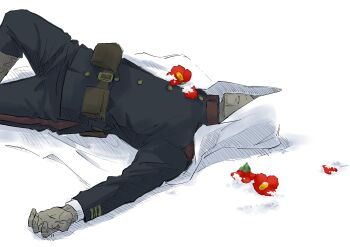 1boy belt_pouch blue_jacket blue_pants cloak covered_eyes dakuonpu facial_hair flower from_side goatee golden_kamuy hatching_(texture) highres jacket lying male_focus military_uniform ogata_hyakunosuke on_back pants pouch snow solo white_cloak