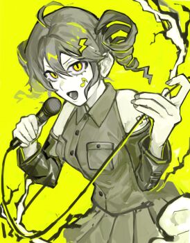 1girl breast_pocket cable collared_shirt commentary_request cowboy_shot detached_sleeves drill_hair electricity floating_hair greyscale_with_colored_background hair_ornament hands_up highres holding holding_cable holding_microphone inazuma_(utau) kasane_teto kasane_teto_(utau) lightning_bolt lightning_bolt_hair_ornament lightning_bolt_symbol looking_at_viewer microphone music nail_polish nou_1182 number_tattoo open_mouth pleated_skirt pocket rectangular_pupils sanpaku shirt short_hair shoulder_tattoo simple_background singing skirt sleeveless sleeveless_shirt smile solo spot_color tattoo twin_drills utau v-shaped_eyebrows yellow_background yellow_eyes