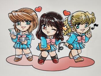 Rule 34 | 3girls, black hair, black socks, blue hairband, blue serafuku, blue shirt, blue skirt, bob cut, bow, brown hair, brown shoes, chibi, chibi only, clipboard, commentary, eighth note, full body, green eyes, hairband, hand up, heart, highres, holding, holding clipboard, holding letter, holding microphone, kira kira melody gakuen, kokomahi, letter, loafers, long hair, looking at viewer, mary janes, microphone, multiple girls, musical note, official art, open mouth, orange eyes, parted lips, pink bow, pleated skirt, sailor collar, school uniform, serafuku, shirt, shoes, short hair, skirt, smile, socks, standing, star (symbol), traditional media, w, white background, white sailor collar, white socks