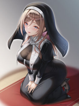 1girl akiyomi black_dress black_pantyhose black_veil blue_eyes blush breasts brown_hair cleavage coif commentary_request dress gakuen_idolmaster high_heels highres himesaki_rinami idolmaster large_breasts long_hair long_sleeves looking_at_viewer nun nun_headdress pantyhose parted_lips see-through_cleavage see-through_clothes seiza sitting smile solo traditional_nun veil